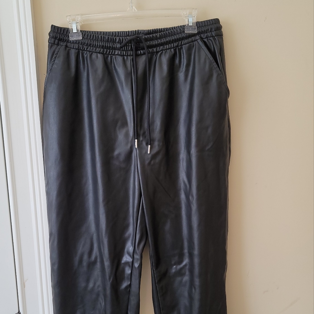 NWOT H & M Black Faux Leather Elastic Waist Cuff Joggers Pants Size M